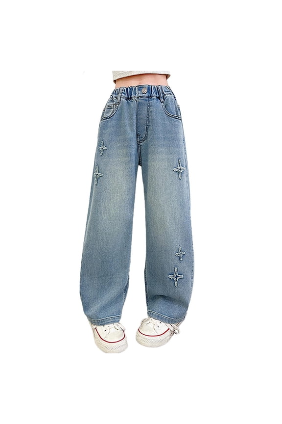 Girls Elastic Waist Straight Jeans Casual High Rise Stretch Denim Pants, Sizes 4-14