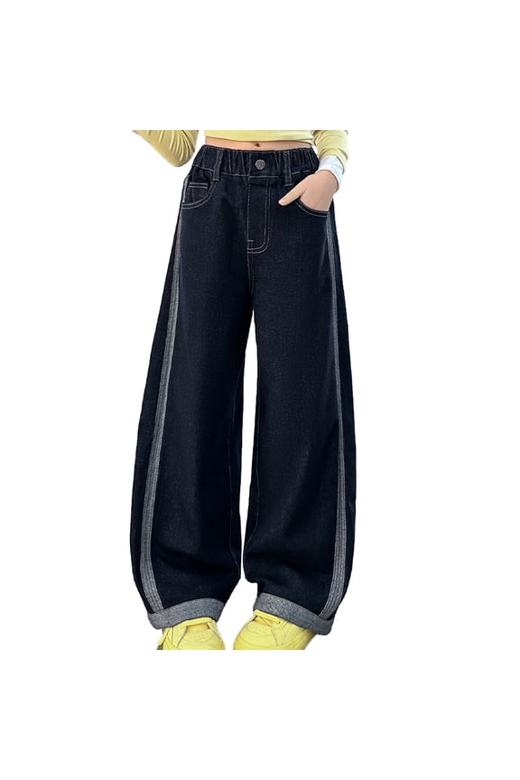 Girls Elastic Waist Wide Leg Jeans Casual Mid Rise Straight Denim Pants, Sizes 4-15