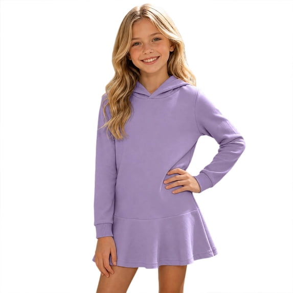 Lullu Girls Fall Hoodie Dress Long Sleeve Ruffle Hooded Sweatshirt Dress, Purple, Sizes 3-8
