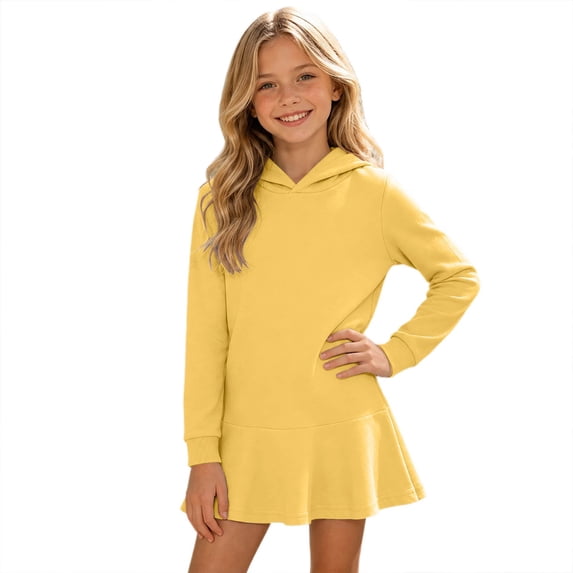 Lullu Girls Fall Hoodie Dress Long Sleeve Ruffle Hooded Sweatshirt Dress, Yellow, Sizes 3-8
