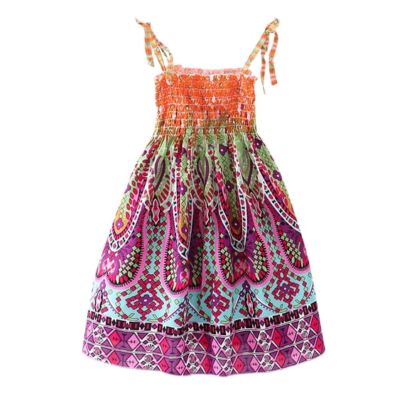 Lullu Girls Floral Boho Dress Smocked Tie Shoulder Flowy A Line Beach Dress, Sizes 2-9