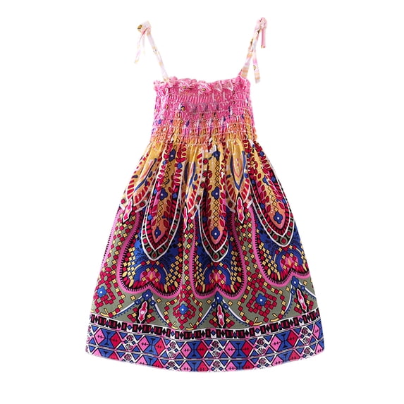 Lullu Girls Floral Boho Dress Smocked Tie Shoulder Flowy A Line Beach Dress, Sizes 2-9