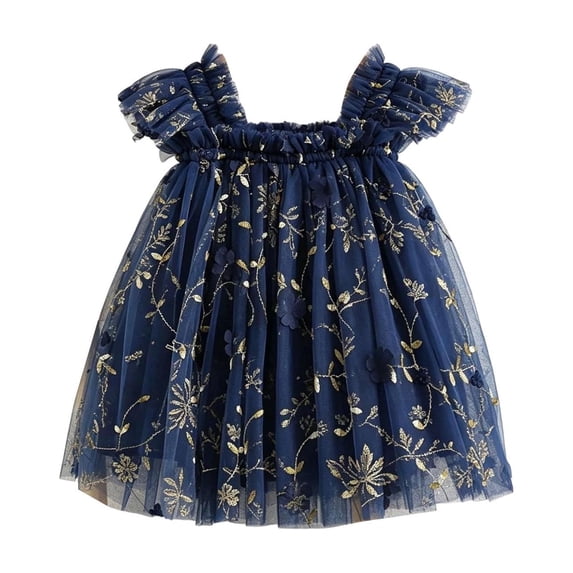 Lullu Girls Floral Embroidery Tulle Dress Flutter Sleeve Party Princess Dress, Sizes 1-6