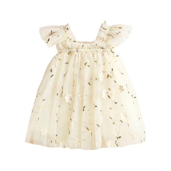 Lullu Girls Floral Embroidery Tulle Dress Flutter Sleeve Party Princess Dress, Sizes 1-6