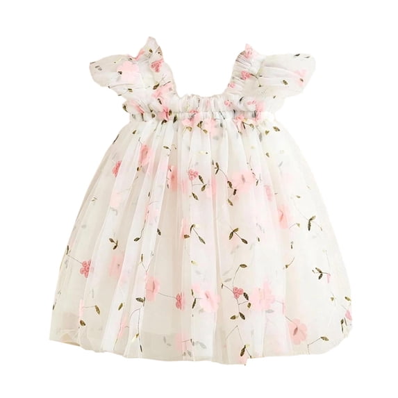 Lullu Girls Floral Embroidery Tulle Dress Flutter Sleeve Party Princess Dress, Sizes 1-6