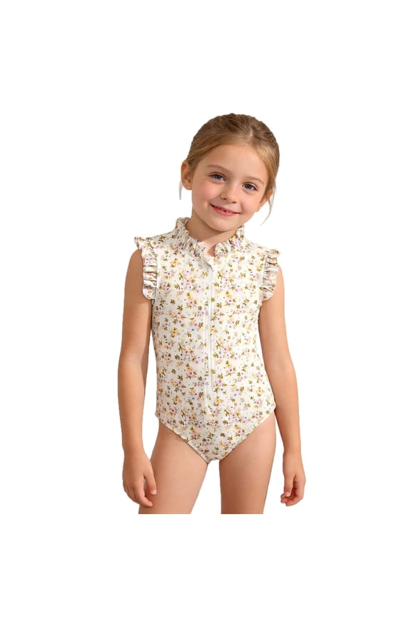 Girls Floral Half Zip One-Piece Swimsuit Ruffles Bathing Suit with UPF50+, Sizes 3-8