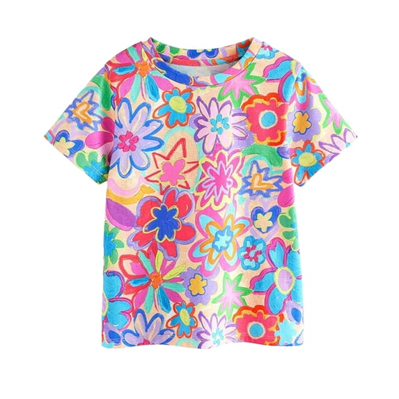 Lullu Girls Floral Print Short Sleeve T Shirt Casual Round Neck Tee for Kids, Sizes 2-10
