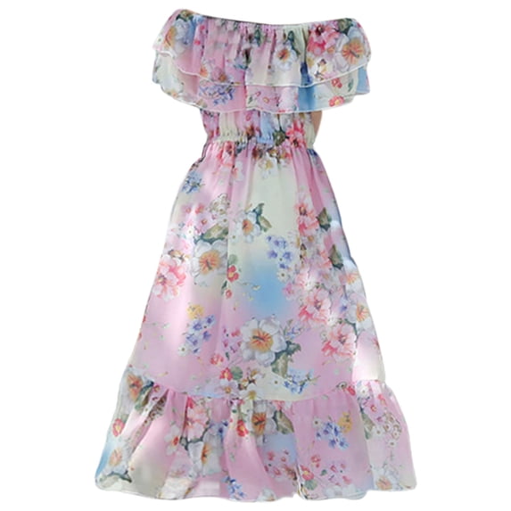 Lullu Girls Floral Ruffle Off Shoulder Chiffon Dress Summer Flowy A Line Dress, Sizes 5-14