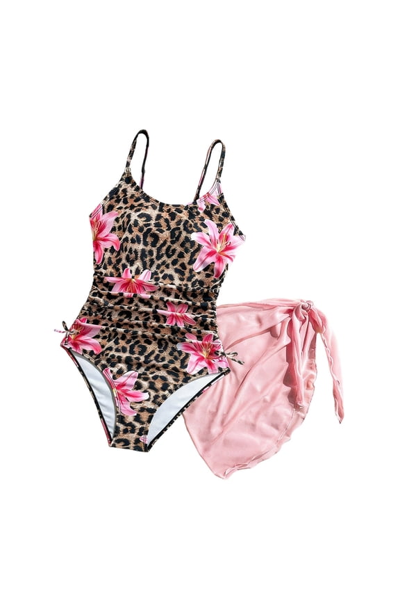 Girls Flower Leopard Print One-Piece Swimsuit with Cover-Up Bathing Suit, Sizes 7-12