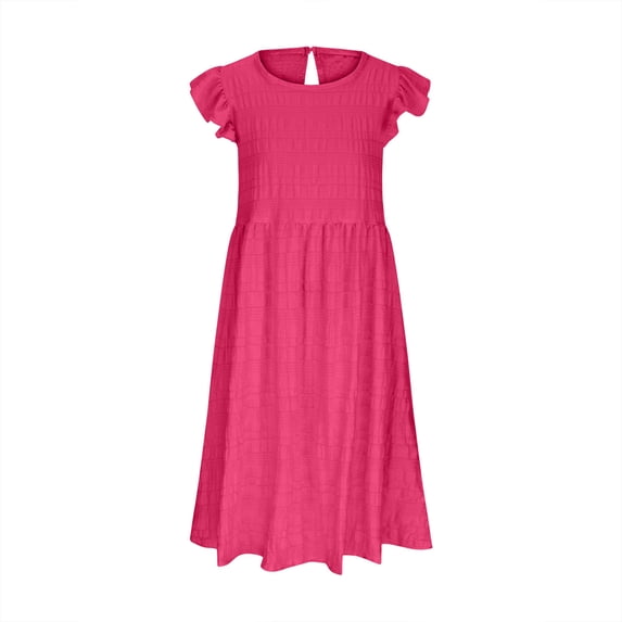 Lullu Girls Flutter Sleeve Dress Solid Round Neck A Line Dress Casual Flowy Dress