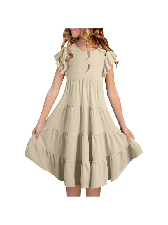 Girls Flutter Sleeve Flowy A Line Dress Casual Solid Tiered Midi Dress, Sizes 6-15