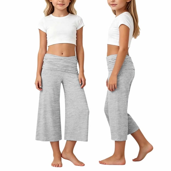 Lullu Girls Fold-Over Yoga Pants Stretch Loose Straight Cropped Pants (5-14Y), Sizes 5-14
