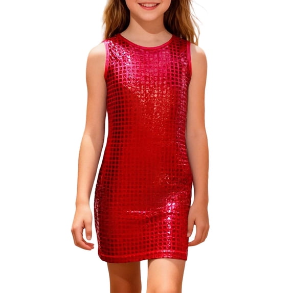 Lullu Girls Glitter Checkered Sleeveless Dress Summer Shiny Bodycon Dress, Sizes 2-15