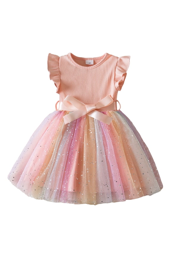 Girls Glitter Rainbow Tutu Dress Ruffle Sleeves Ribbed Princess Dress, Sizes 6M-5T