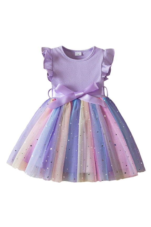 Girls Glitter Rainbow Tutu Dress Ruffle Sleeves Ribbed Princess Dress, Sizes 6M-5T