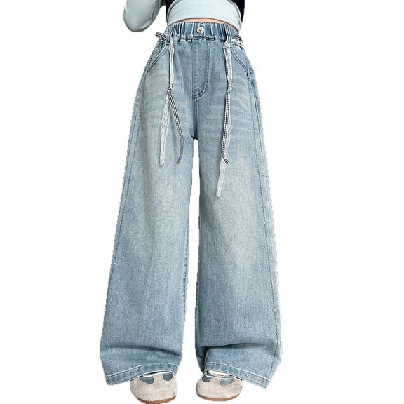 Lullu Girls Glitter Rhinestone Wide Leg Jeans Pull On Straight Denim Pants, Sizes 4-15