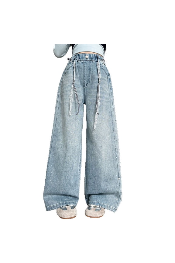 Girls Glitter Rhinestone Wide Leg Jeans Pull On Straight Denim Pants, Sizes 4-15