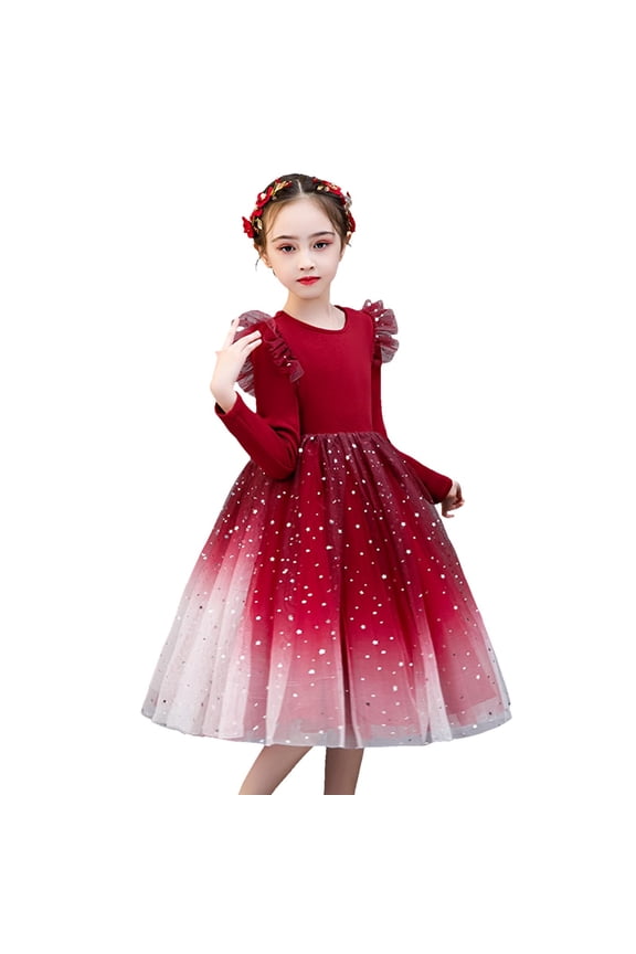 Girls Glitter Ruffle Long Sleeve Tutu Dress Birthday Party Princess Dress, Sizes 3-11