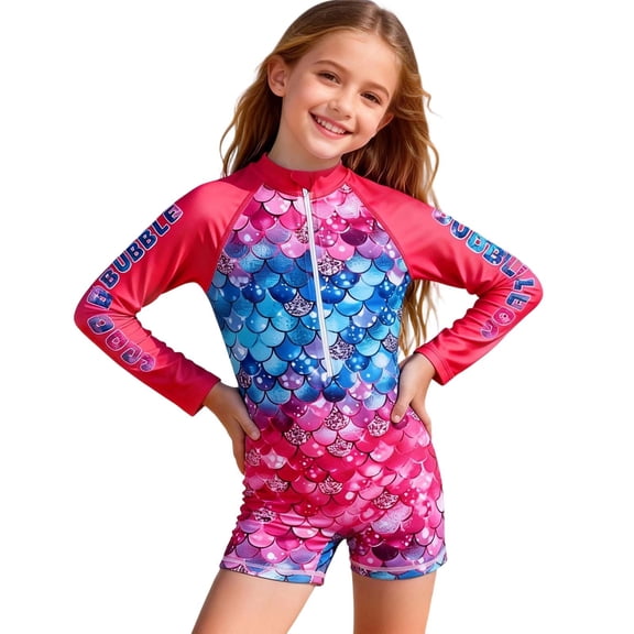 Lullu Girls Half Zip Long Sleeve Rash Guard One-Piece Swimsuit with UPF50+ Bathing Suit
