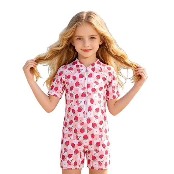 Lullu Girls Half Zip Short Sleeve Rash Guard Swimsuit Boyleg One-Piece Bathing Suit