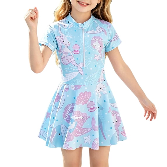 Lullu Girls Half Zip Short Sleeve Rashguard Swim Dress One-Piece Swimsuit with UPF50+