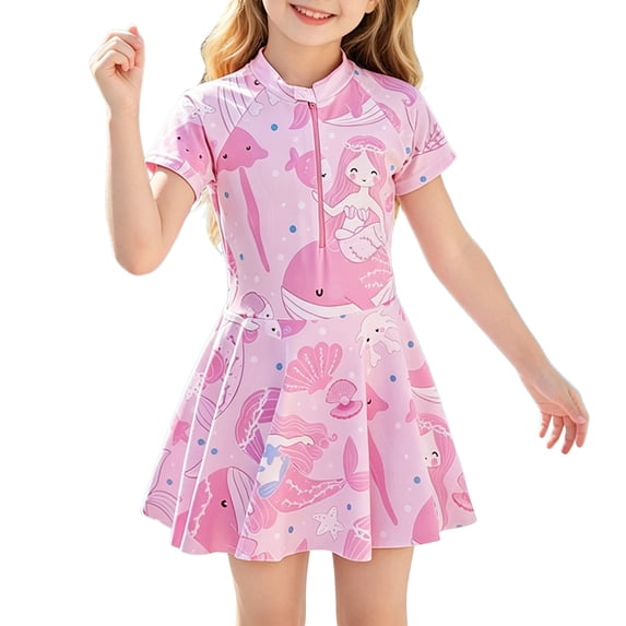Lullu Girls Half Zip Short Sleeve Rashguard Swim Dress One-Piece Swimsuit with UPF50+