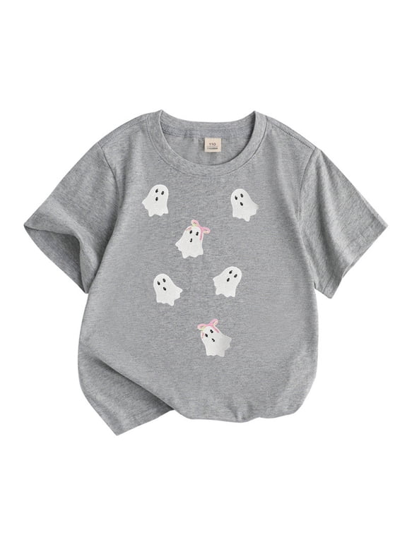 Girls Halloween T Shirt Cute Ghost Print Short Sleeve T-Shirt, Grey, Sizes 3-13