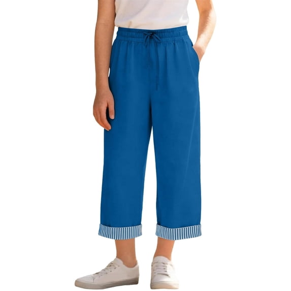 Lullu Girls High Rise Cropped Pants Casual Straight Leg Loose Comfort Pants, Blue, Sizes 5-14