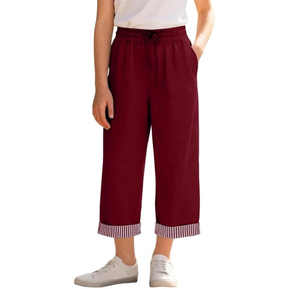 Lullu Girls High Rise Cropped Pants Casual Straight Leg Loose Comfort Pants, Sizes 5-14