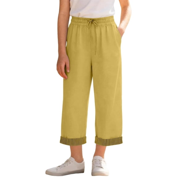 Lullu Girls High Rise Cropped Pants Casual Straight Leg Loose Pants, Yellow, Sizes 5-14