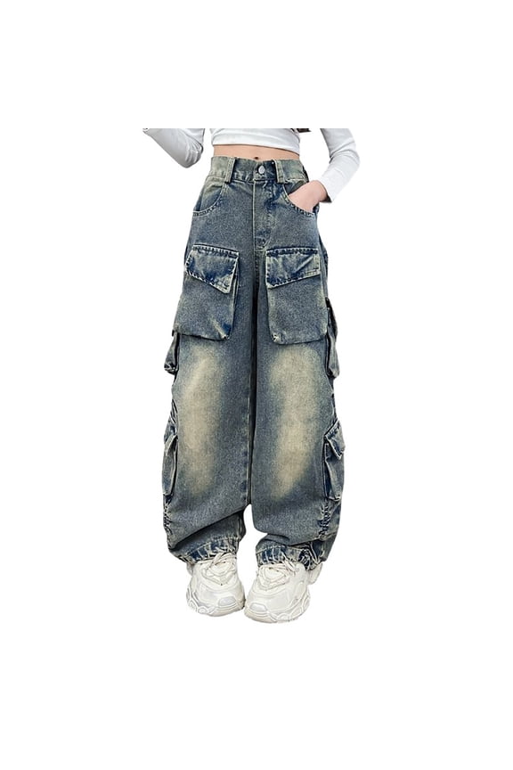 Girls High Rise Distressed Cargo Jeans Fashion Elastic Waist Wide Leg Denim Pants