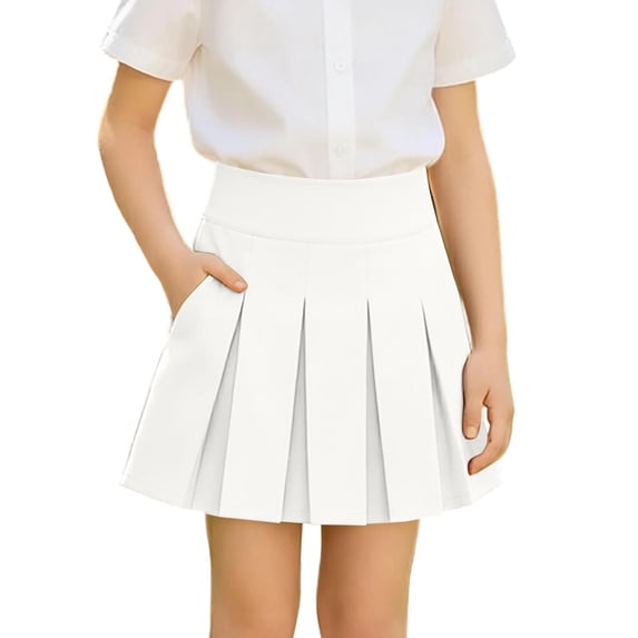 Lullu Girls High Rise Pleated Skirt School Uniform Stretch A-Line Skirt, White, Sizes 5-14