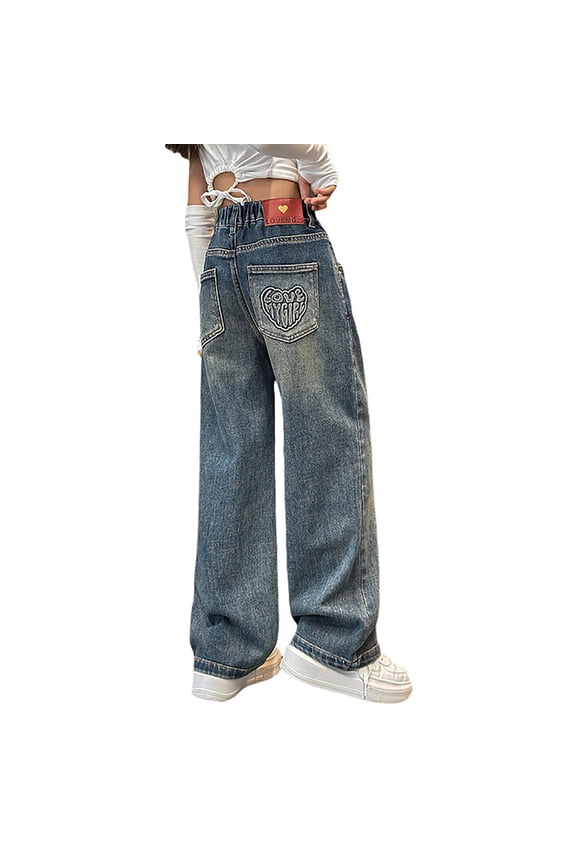 Girls High Waist Wide Leg Jeans Pull On Straight Stretch Denim Pants, Sizes 5-14