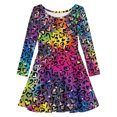 thumbnail image 1 of Lullu Girls Leopard Dress Fall Casual Long Sleeve Midi A Line Dress for Kids, Sizes 3-14, 1 of 4