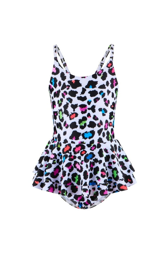 Girls Leopard Ruffled One-Piece Swimsuit Adjustable Straps Bathing Suit, Sizes 4-12