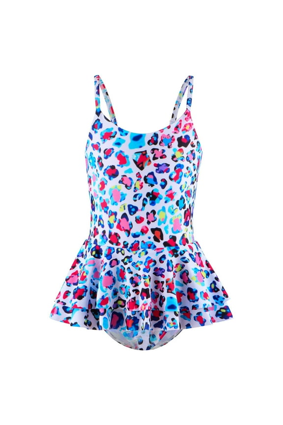 Girls Leopard Ruffled One-Piece Swimsuit Adjustable Straps Bathing Suit, Sizes 4-12