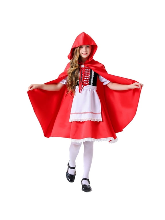 Girls Little Red Riding Hood Co_Stume Dress-Up Party Lace Puff Sleeve Dress