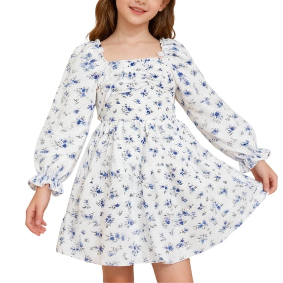 Lullu Girls Long Lantern Sleeve Floral Dress Elegant Square Neck Skater Dress, Sizes 3-14