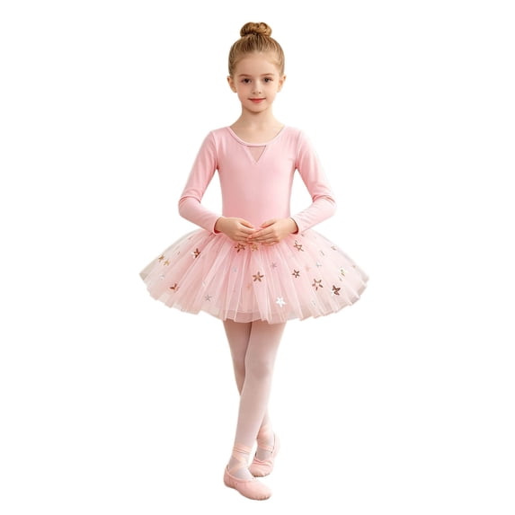 Lullu Girls Long Sleeve Ballet Tutu Dress Dancewear Leotard with Skirt, Pink, Sizes 3-16