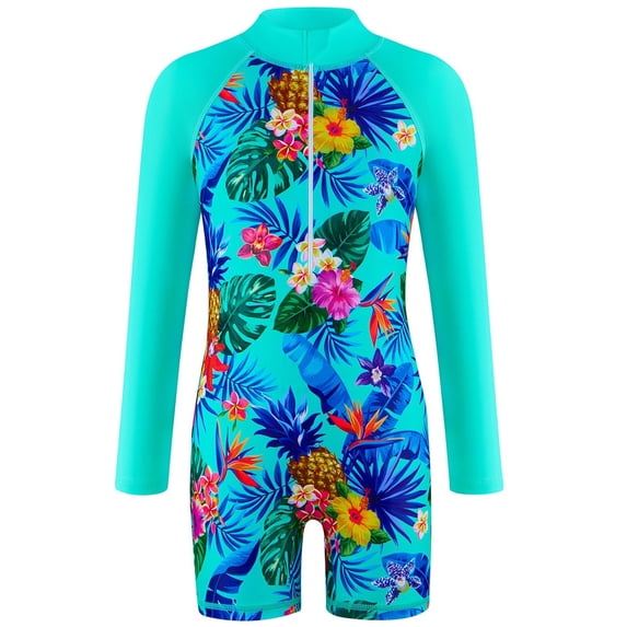 Lullu Girls Long Sleeve Rash Guard One-Piece Swimsuit Tropical Print Half Zip Surfing Suit