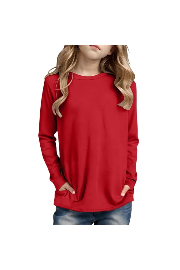 Girls Long Sleeve Round Neck T-Shirt with Side Pocket Casual Solid T Shirt, Sizes 4-14