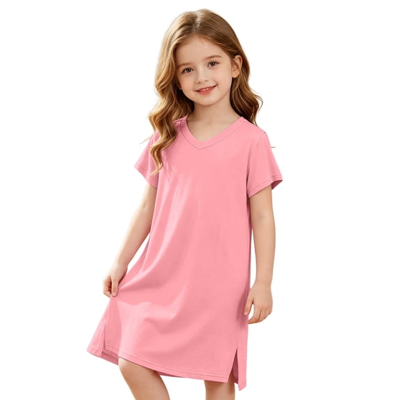 Lullu Girls Nightgown Short Sleeve V Neck Sleep Dress Nightdress with Side Slit