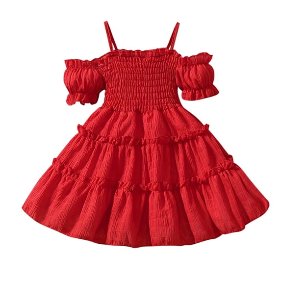 Lullu Girls Off Shoulder Ruffle Tiered Dress Puff Sleeve Smocked Swing Dress, Sizes 12M-6Y