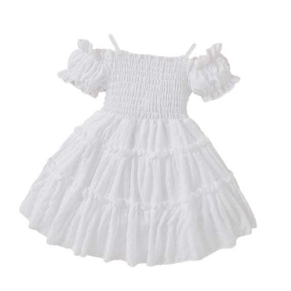 Lullu Girls Off Shoulder Ruffle Tiered Dress Puff Sleeve Smocked Swing Dress, Sizes 12M-6Y