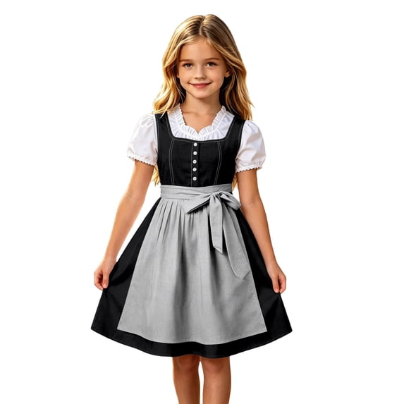 Lullu Girls Oktoberfest Party Midi Bavarian Dirndl Dress with Apron, Grey, Sizes 3-12