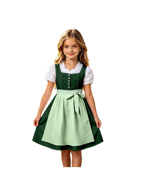 Girls Oktoberfest Party Midi Bavarian Dirndl Dress with Apron, Sizes 3-12
