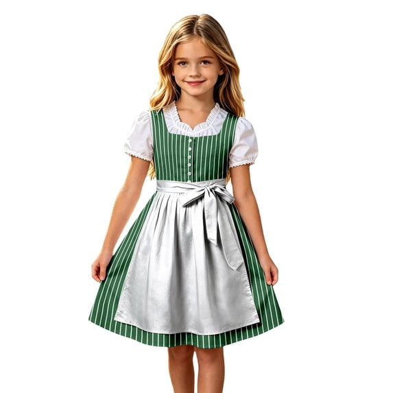 Lullu Girls Oktoberfest Party Striped Bavarian Dirndl Dress with Apron, Green, Sizes 3-12