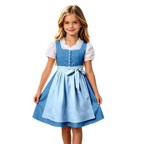 Lullu Girls Oktoberfest Polka Dot Bavarian Dirndl Dress Apron 2Pcs Set, Blue, Sizes 3-12