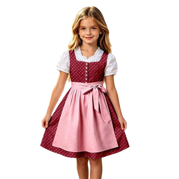 Lullu Girls Oktoberfest Polka Dot Bavarian Dirndl Dress Apron 2Pcs Set, Red, Sizes 3-12