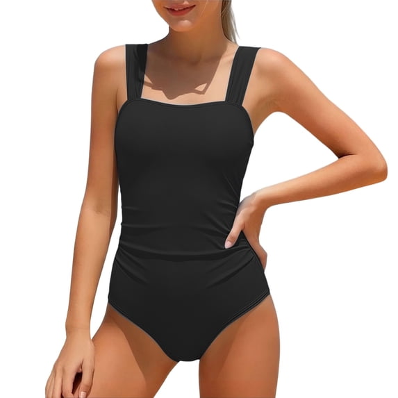 Lullu Girls One-Piece Swimsuit Solid Square Neck Adjustable Strap Bathing Suit, Sizes 7-16